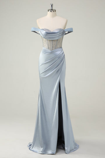 Dusty Blue Mermaid Corset Off The Shoulder Long Formal Dress With Slit